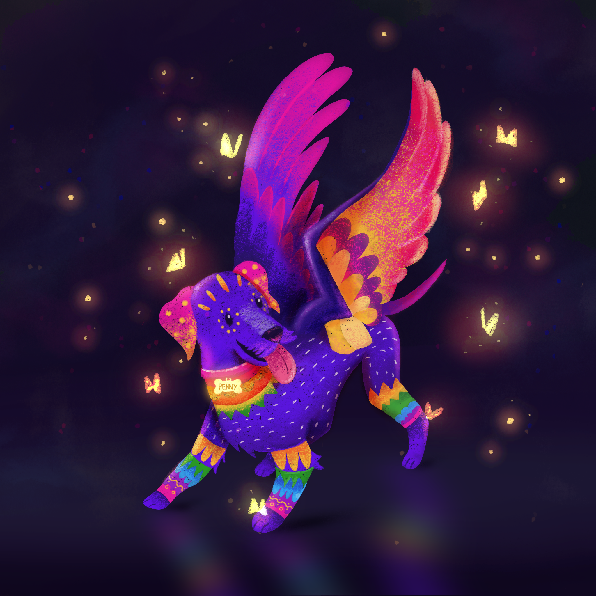 Penny as a winged alebrije dog, glowing among golden butterflies.