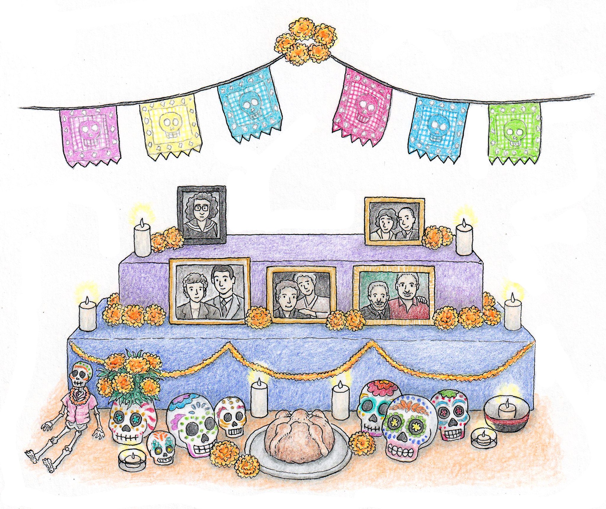 A Día de Muertos ofrenda: family photographs, marigolds, candles, decorated sugar skulls, and pan de muerto beneath a string of papel picado.