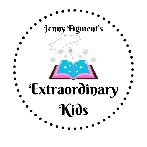 Jenny Figment's Extraordinary Kids logo: a magical open book with stars inside a dotted circle