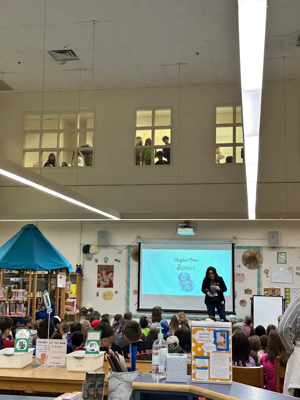 Author visit snapshot: Jennifer Hayes with elementary students.